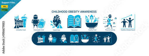 Childhood Obesity Awareness Concept with Healthy Lifestyle, Nutrition and Kids Fitness Illustration. two color icon set