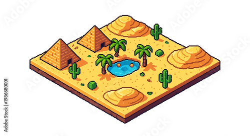Isometric Desert Oasis with Pyramids and Cacti.