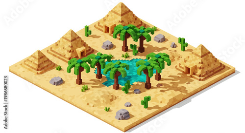 Isometric Desert Oasis with Pyramids and Palm Trees.