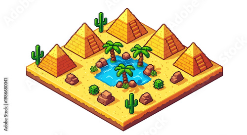 Isometric Desert Oasis with Pyramids and Palm Trees.