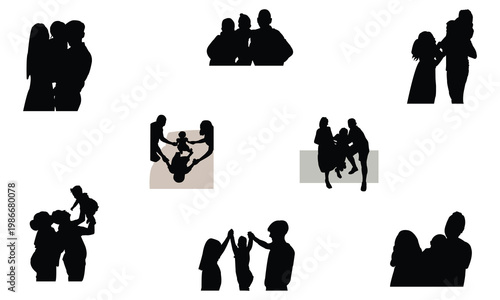 Family silhouettes set with parents and children playing together indoors or outdoors isolated on white background depicting happy parenthood motherhood fatherhood and childhood bond