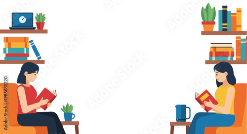 Two women relax in armchairs reading books, surrounded by shelves of books and plants in a minimalist flat vector design.