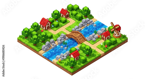 Isometric Village Landscape with River and Houses.