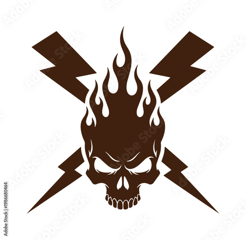 Brown skull with flames and lightning bolts graphic design element