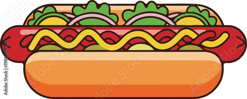 A hot dog with condiments and toppings on a bun is served.