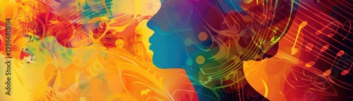 An abstract representation of a music therapy retreat, with soothing colors, organic shapes, and a sense of harmony and balance Banner for immersive music healing experiences