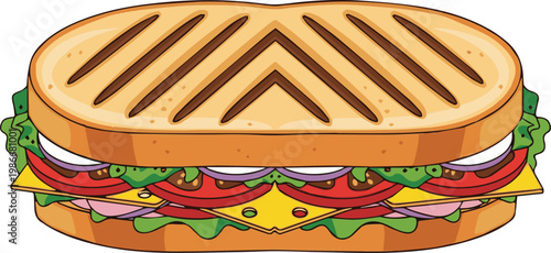 A grilled sandwich with lettuce, tomato, cheese, and ham is served on a plate indoors.