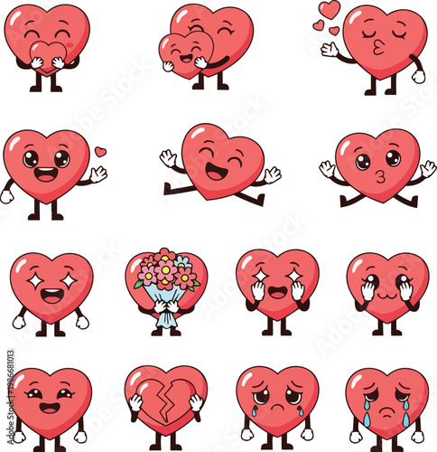 A collection of heart emojis displaying various Emotions and reactions on white.
