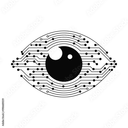 Stylized abstract eye symbol with integrated digital circuit board pattern representing technology and vision