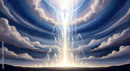 Heavenly beings descending through dramatic sky illustration suitable for various uses
