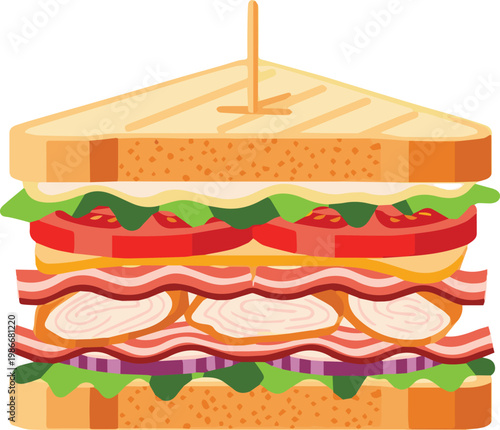 Illustration of a sandwich sitting on a table indoors