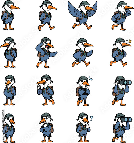 A cartoon penguin photographer walks and acts in various poses with a camera.