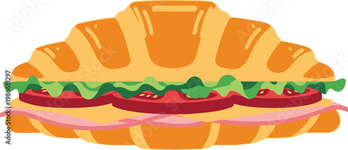 A delicious croissant sandwich with ham, lettuce, and tomato is displayed.