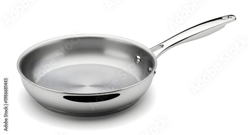 Shiny stainless steel frying pan isolated on white for culinary or retail use