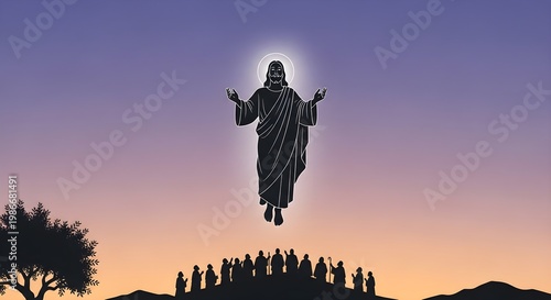 Silhouette figure ascending with open arms over people at sunset