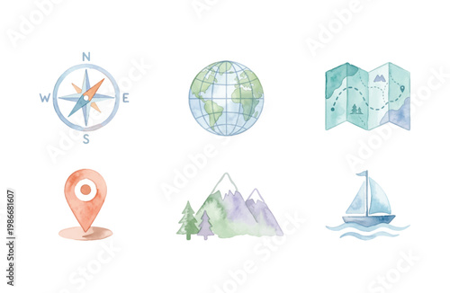 Watercolor travel and map icons set with compass globe map pin mountains and sailboat
