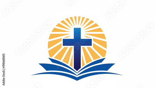 Cross book logo icon with blue and gold rays and open book banner for education and faith branding featuring church, Christianity, school with