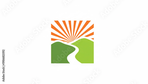 Sunburst landscape icon with green hills and glowing orange rays, centered vector style for travel and nature branding