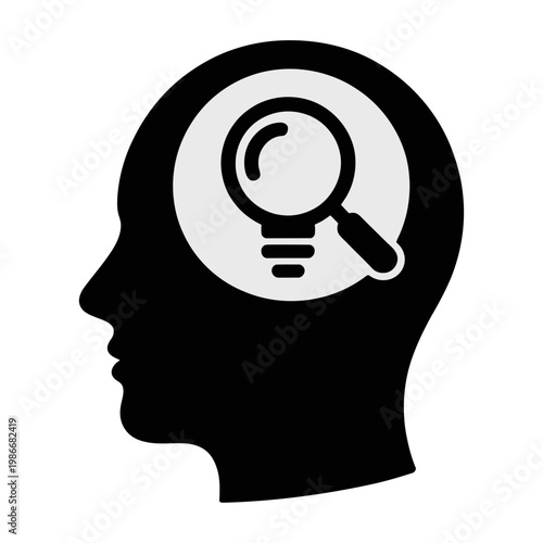 Vector of a human head with a magnifying glass inside, symbolizing investigation and research.