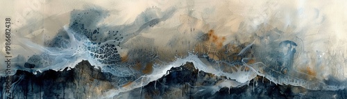 An abstract watercolor expression of a tumultuous storm raging over a rugged coastline  ,watercolor