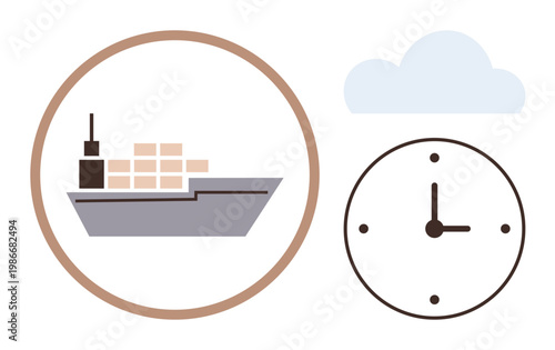 Global logistics, supply chain, punctual delivery, maritime shipping, transportation, efficiency. Cargo ship with stacked containers, clock indicating time and cloud. Global logistics and supply