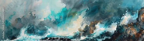 An abstract watercolor expression of a tumultuous storm raging over a rugged coastline  ,watercolor