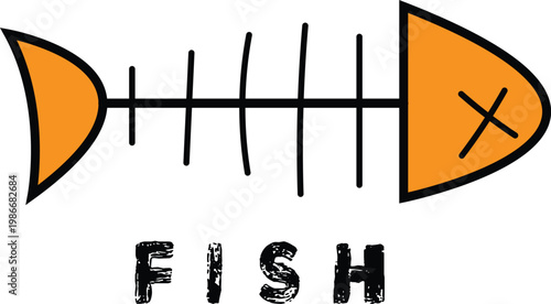 Illustration of orange fish skeleton bone with cross eye and distressed black typography text on transparent background representing dead marine life icon for creative graphic design and posters