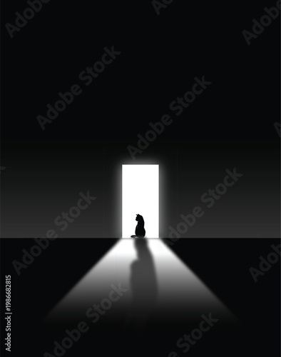 Obraz na plátne Black silhouette of lonely cat sitting in front of bright glowing doorway with l