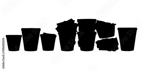 Collection of black silhouette disposable cups icons, including empty, filled, stacked, and crumpled designs, on a white surface . vector 
