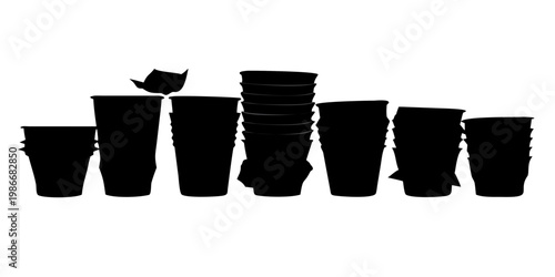 Collection of black silhouette disposable cups icons, including empty, filled, stacked, and crumpled designs, on a white surface . vector 