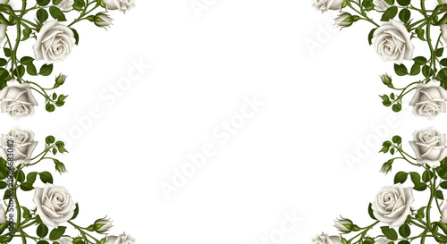 White Roses Border Decoration With Green Leaves isolated On transparent Background