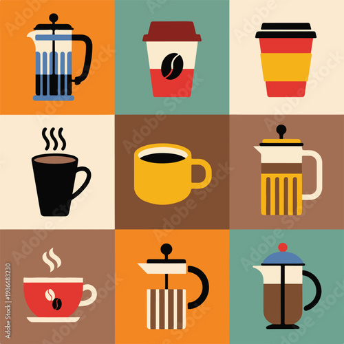 Diverse collection of coffee-related flat vector icons, including French presses and coffee cups on colored squares.