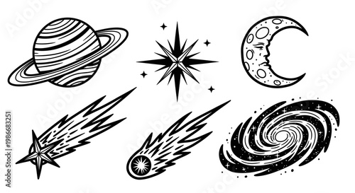 Black and white celestial body icons.