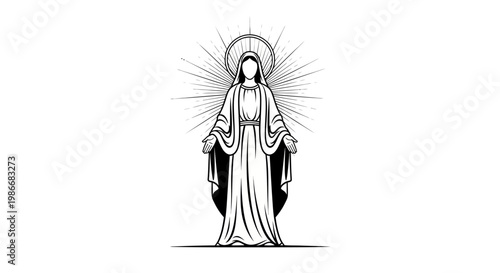 Black and white illustration of Virgin Mary.