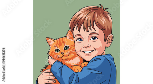 Boy Holding Orange Kitten Close.