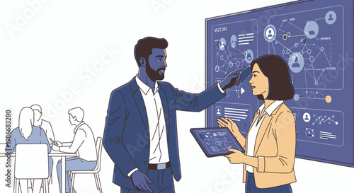 Businessman and woman discussing data.