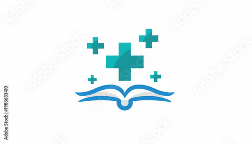Book icon with medical cross symbols and blue healthcare theme for hospital, first aid, and pharmacy services