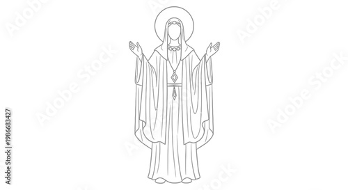 A line drawing of a religious figure with a halo and robe.