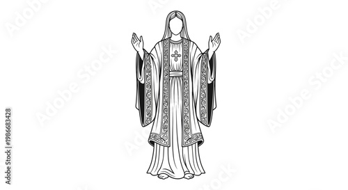 An illustration of a religious figure in a robe with hands raised.