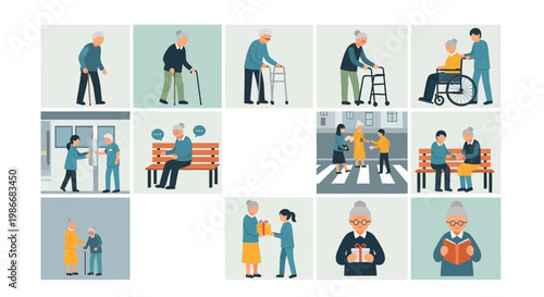 Illustrations of elderly people in various daily life situations and activities.