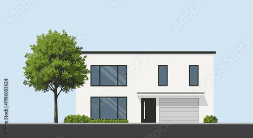Modern white house with garage door.