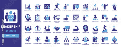 Leadership icon set including solid glyph elements for strategic vision, team unity, success target, mentorship, project management, corporate growth, and active group leader training.