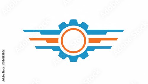 Gear icon with circular center ring and striped horizontal bands in blue and orange tech style featuring cogwheel, settings, engineering with