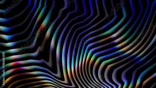Vibrant rainbow-colored wavy lines on black background, abstract digital pattern