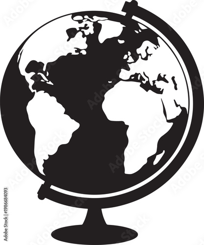 Black silhouette globe vector illustration, isolated earth world map globe on stand, global travel geography object.