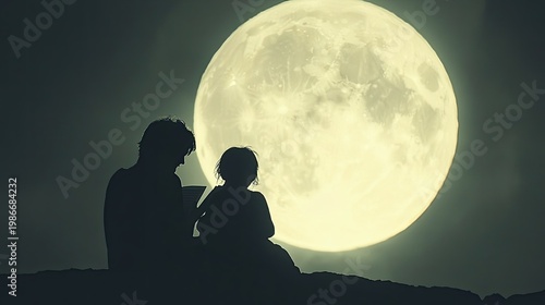 silhouette of couple sitting under full moon