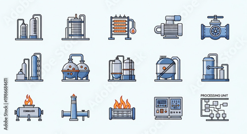 Collection of Industrial Plant and Equipment Icons for Engineering Designs.