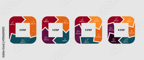 Circle square arrows diagram infographic set. Circular arrows with 3, 4, 5, 6 steps, options. Process chart, cycle diagram for business presentation, report, slide, brochure, annual report.