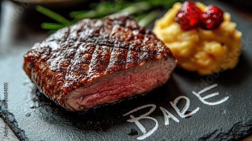 grilled steak with mashed potatoes on slate plate