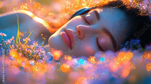 serene woman resting in colorful flowers